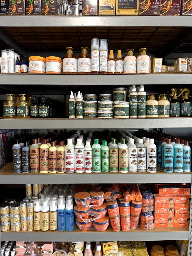 Shampoos and conditioners shelves at Allan Beauty Supply
