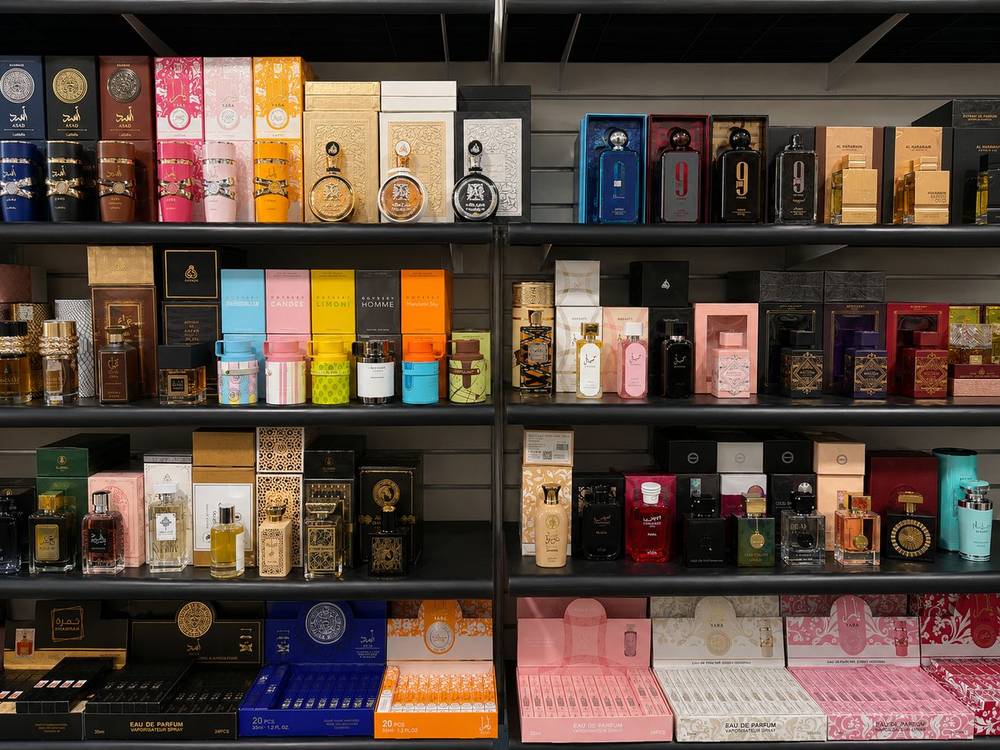 Arabic perfume shelf at Allan Beauty Supply